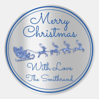 Merry Christmas Name Grey Sleigh Santa DeerGlitter Classic Round Sticker