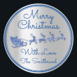 Merry Christmas Name Grey Sleigh Santa DeerSilver Classic Round Sticker<br><div class="desc">florenceK design</div>