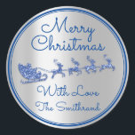 Merry Christmas Name Grey Sleigh Santa DeerSilver Classic Round Sticker<br><div class="desc">florenceK design</div>