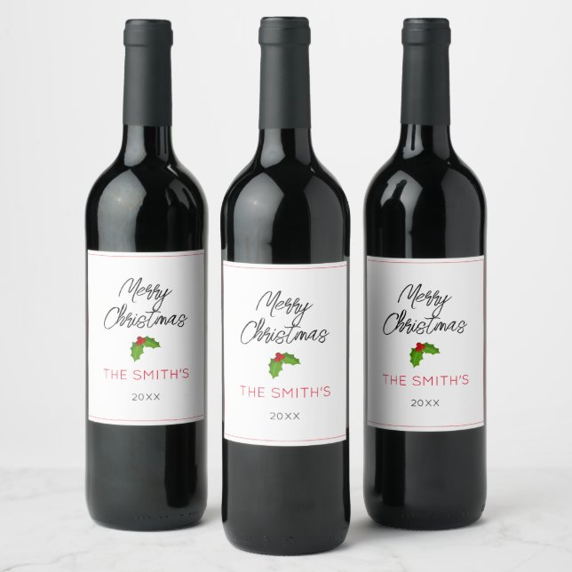 Merry Christmas NAME Holly YEAR Festive Holiday Wine Label (Bottles)