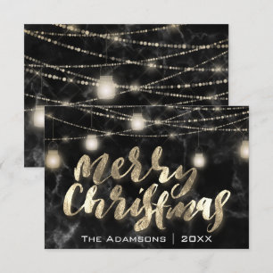 Merry Christmas Name Lights Marble Black Gold Invitation