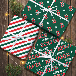 Merry Christmas Name Monogram Green Red Teen Wrapping Paper Sheet