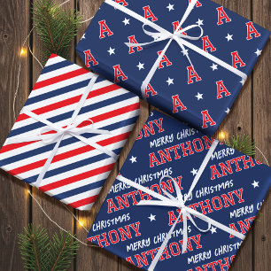 Merry Christmas Name Monogram Navy Red Teen Boy Wrapping Paper Sheet