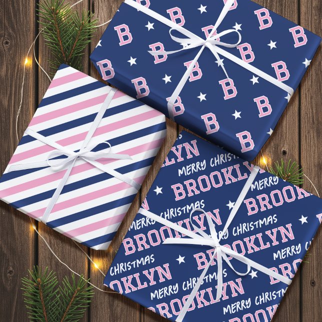 Merry Christmas Name Monogram Pink Navy Teen Girl Wrapping Paper Sheet (Creator Uploaded)