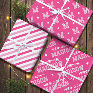 Merry Christmas Name Monogram Pink Teen Girl Wrapping Paper Sheet
