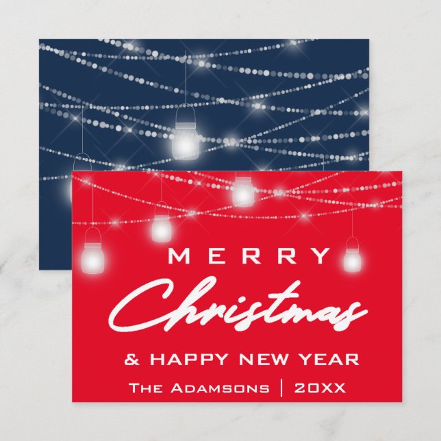 Merry Christmas Name Photo Lights Red Navy Invitation (Front/Back)