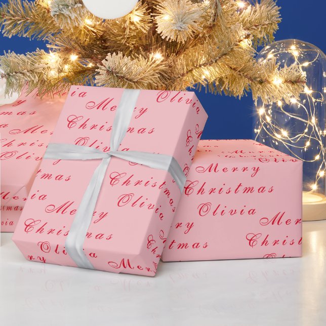 Merry Christmas Name Pink Red Simple Modern Wrapping Paper (Holidays)