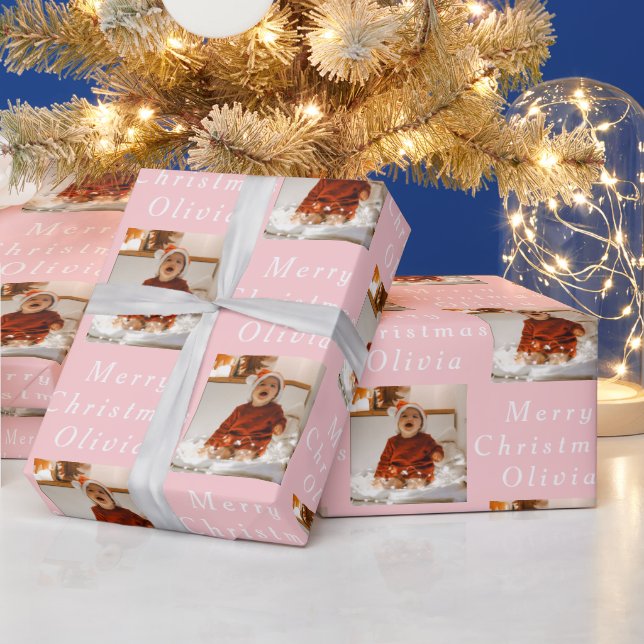Merry Christmas Name Pink White Photo Collage Wrapping Paper (Holidays)