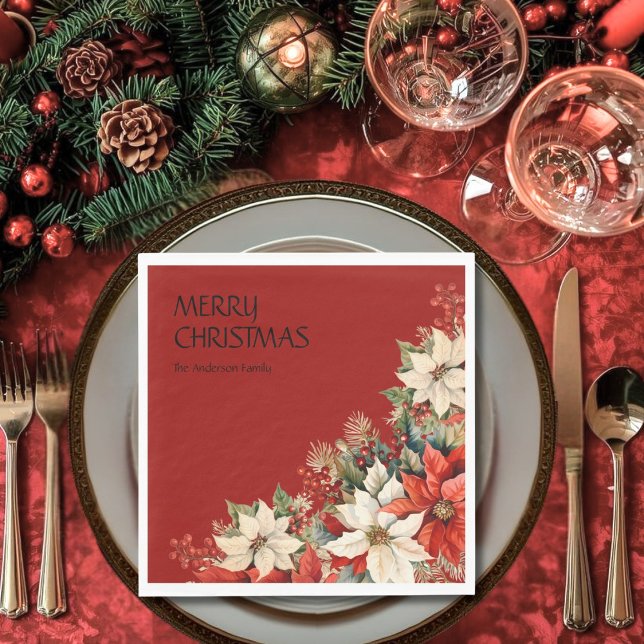 Merry Christmas Name Poinsettias  Napkin (Creator Uploaded)