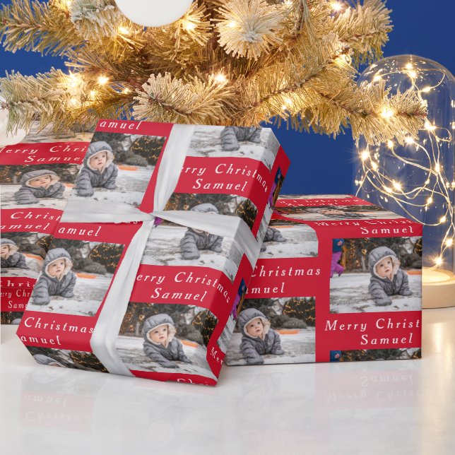 Merry Christmas Name Red White Photo Collage Wrapping Paper (Holidays)
