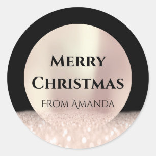 Merry Christmas Name Rose Black Glitter Spark Classic Round Sticker