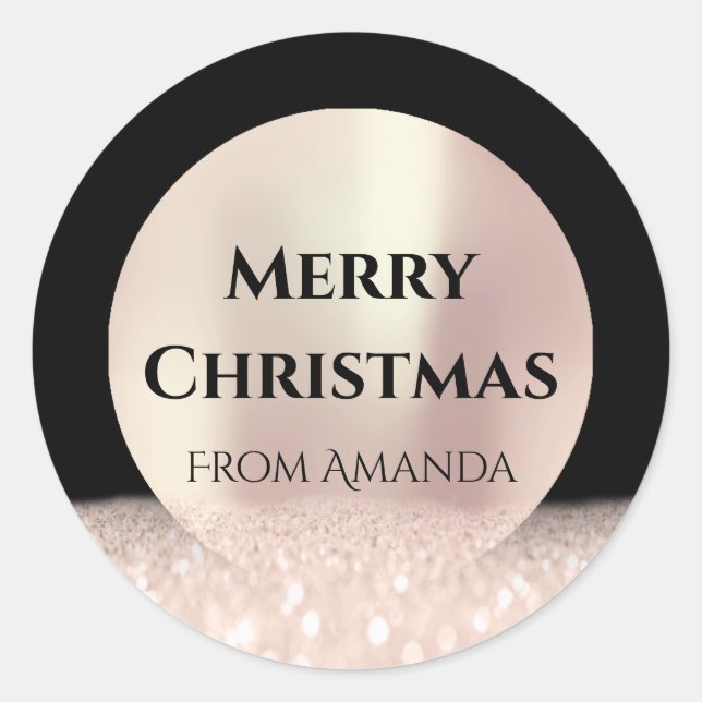 Merry Christmas Name Rose Black Glitter Spark Classic Round Sticker (Front)