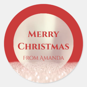 Merry Christmas Name Rose Red Glitter Spark Classic Round Sticker