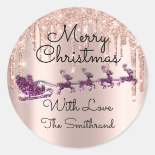 Merry Christmas Name Rose Santa Sleigh Drip Purple Classic Round Sticker
