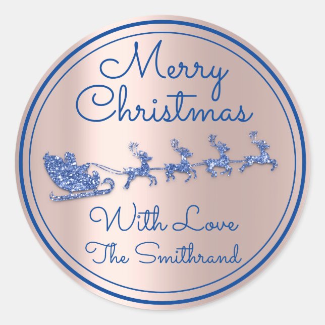 Merry Christmas Name Rose Sleigh Santa Deer Blue Classic Round Sticker (Front)