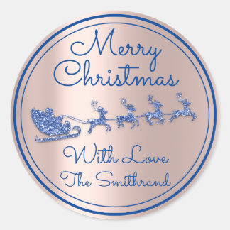 Merry Christmas Name Rose Sleigh Santa Deer Blue Classic Round Sticker