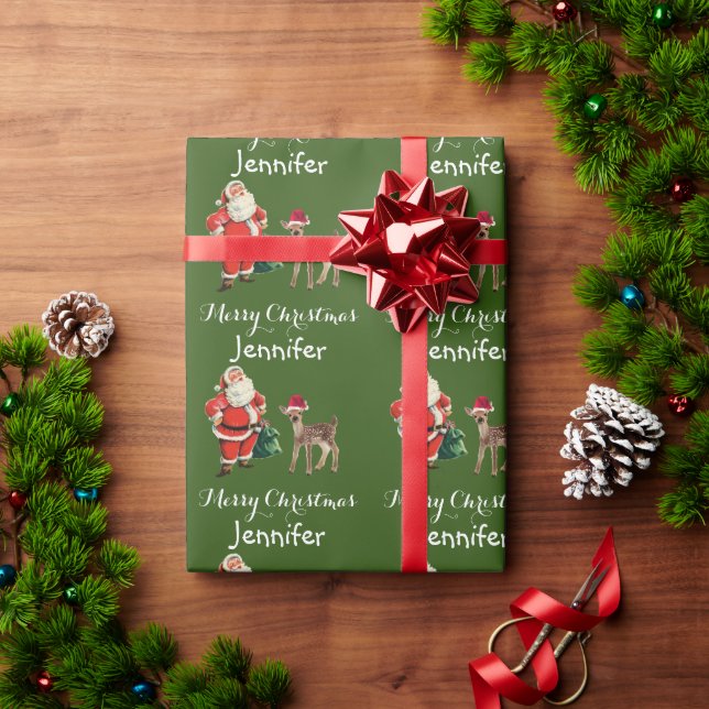 Merry Christmas Name Santa and Reindeer Wrapping P Wrapping Paper (Holiday Gift)