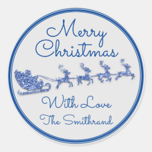 Merry Christmas Name Sleigh Santa Deer Blue Grey  Classic Round Sticker