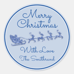 Merry Christmas Name Sleigh Santa Deer Blue Pastel Classic Round Sticker
