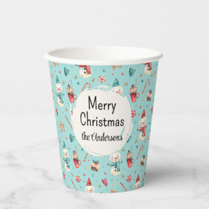 Merry Christmas Name Snowman & Sweets Party Paper Cups