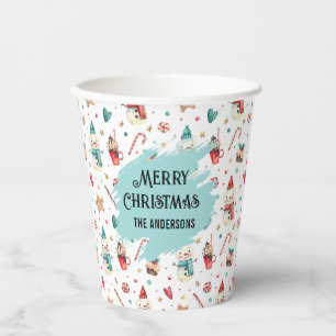 Merry Christmas Name Snowman & Sweets Party Paper Cups