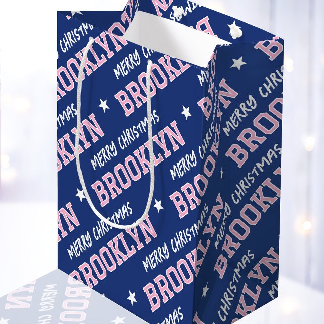 Merry Christmas Name Typography Navy Blue Pink Medium Gift Bag (Creator Uploaded)