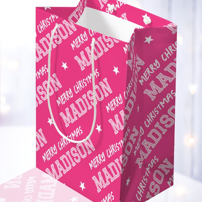Merry Christmas Name Typography Pink Medium Gift Bag (Creator Uploaded)
