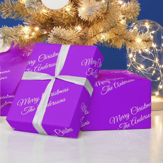 Merry Christmas, Names, White Script on Purple Wrapping Paper (Holidays)