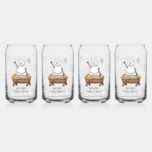 Merry Christmas Nativity Baby Jesus Snowman Can Glass