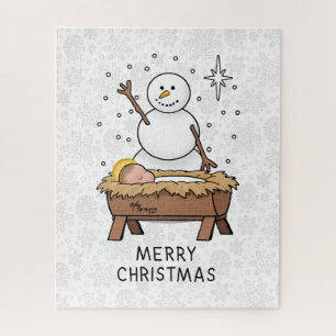 Merry Christmas Nativity Baby Jesus Snowman Jigsaw Puzzle
