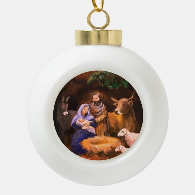 Merry Christmas nativity Ceramic Ball Christmas Ornament (Front)