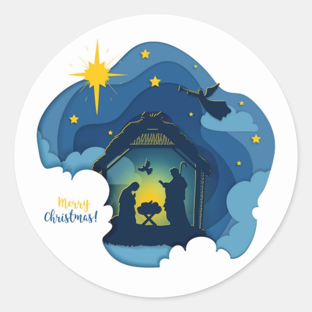 Merry Christmas Nativity Classic Round Sticker (Front)