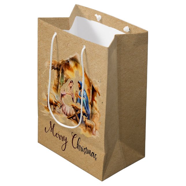 Merry Christmas Nativity Medium Gift Bag (Front Angled)