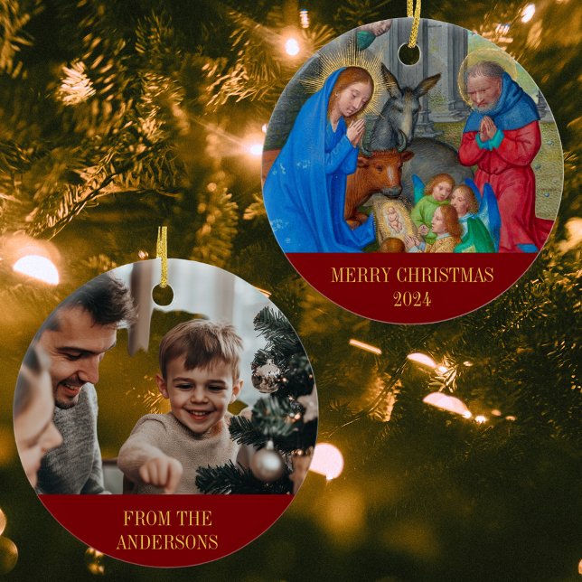 Merry Christmas Nativity Religious Christian Photo Ceramic Tree Decoration (Merry Christmas Nativity Scene Religious Christian Catholic Medieval Photo Ceramic Ornament)