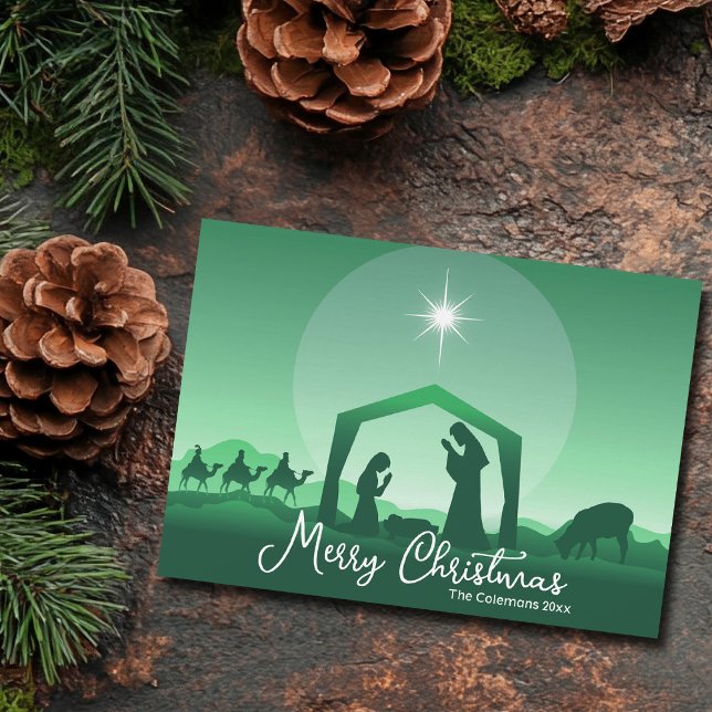 Merry Christmas Nativity Scene Green Religious Holiday Card (Creator Uploaded)