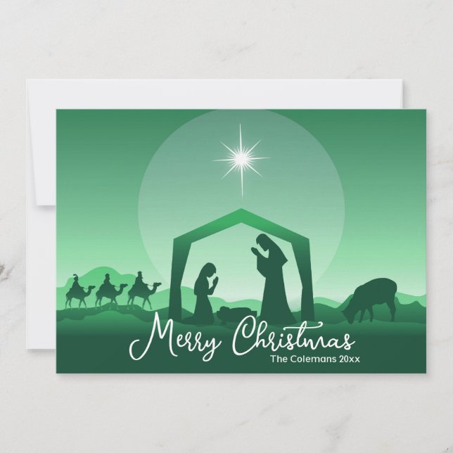 Merry Christmas Nativity Scene Green Religious Holiday Card (Front)