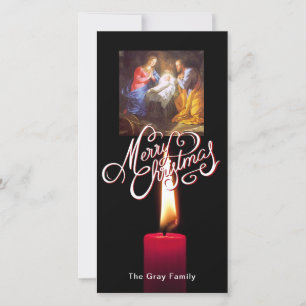 Merry Christmas Nativity Scene Red Candle Holiday Card
