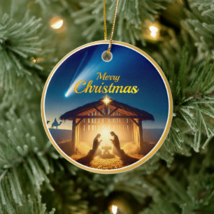 Merry Christmas Nativity Scene Star Blue & Gold Ceramic Tree Decoration