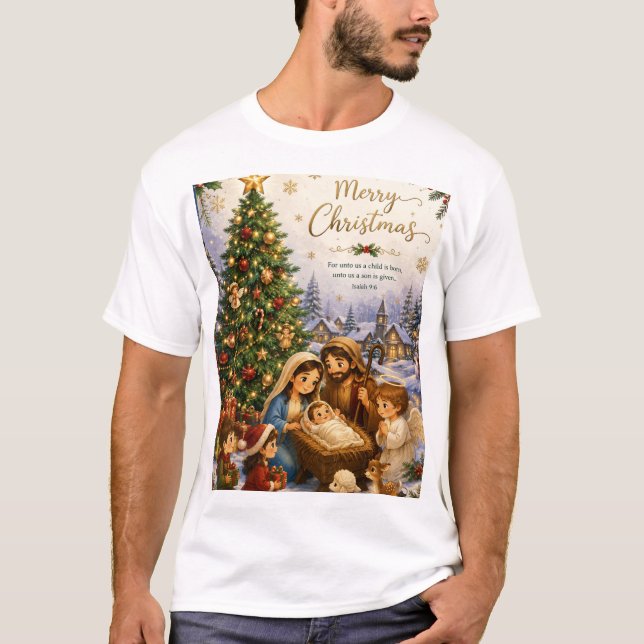 Merry Christmas Nativity Tree T-Shirt  (Front)