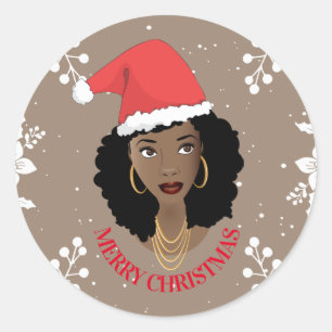 Merry Christmas, Natural Hair Beauty Santa, Holly Classic Round Sticker