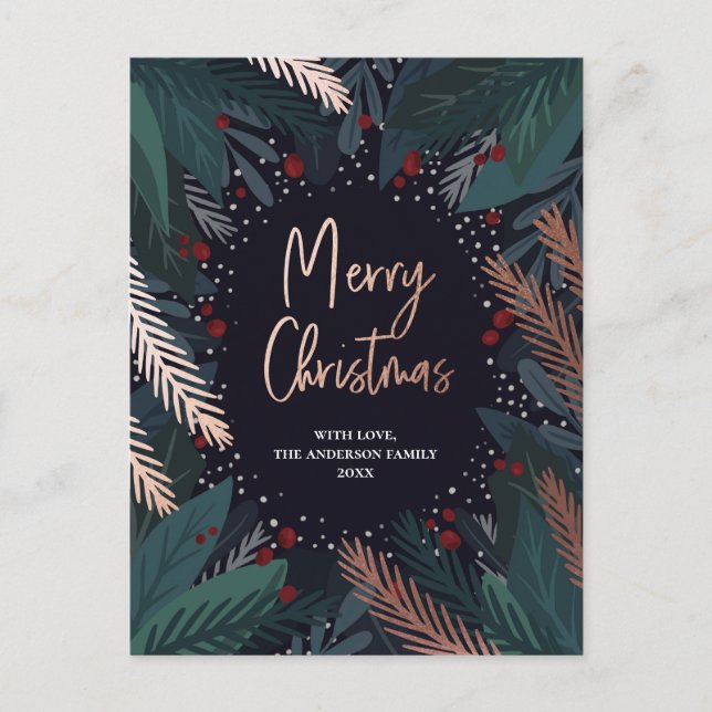Merry Christmas. Navy and green. Gold stylish Holiday Postcard (Front)