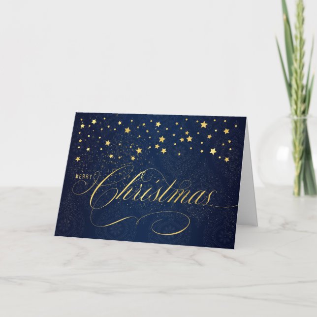 Merry Christmas Navy Blue and Faux Gold Leaf Holiday Card (Front)