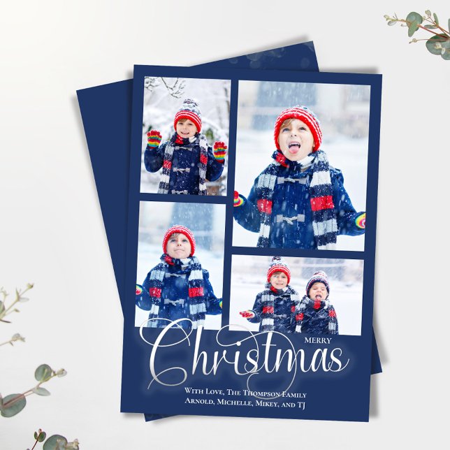 Merry Christmas Navy Blue Photo Collage Holiday Card (Navy blue Christmas holiday photo card)