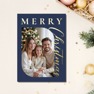 Merry Christmas Navy Blue Photo Gold