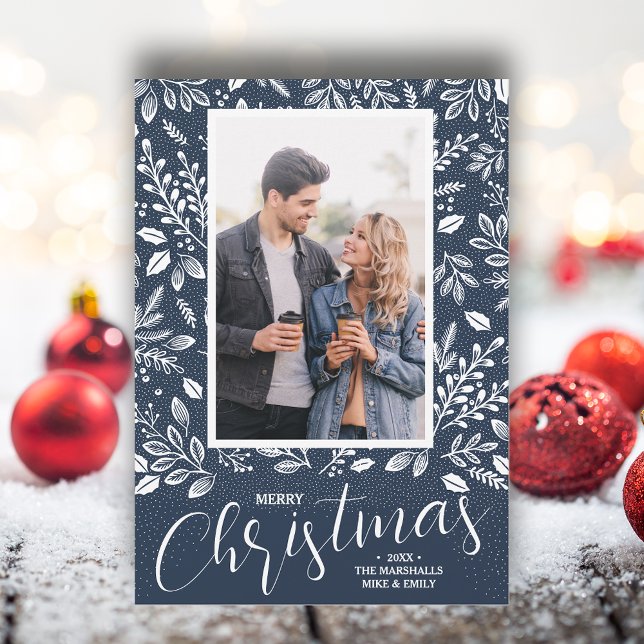 Merry Christmas Navy Blue Photo Holiday Card (White botanicals on blue Merry Christmas photo holiday cards, PRINTED and/or INSTANT DOWNLOAD)