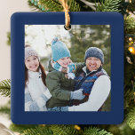 Merry Christmas Navy Blue Photo Script Ceramic Ornament<br><div class="desc">This design features a Merry Christmas ornament with a minimal minimalist,  a classic photo,  with elegant white calligraphy script typography,  a stylish trendy,  red background with a modern minimalist clean simple style,  and an elegant chic,  holiday gift idea.</div>