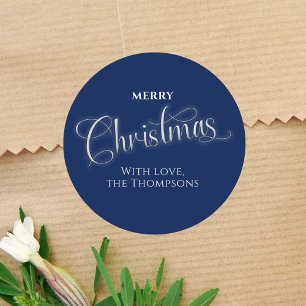 Merry Christmas Navy Blue Script Custom Classic Round Sticker