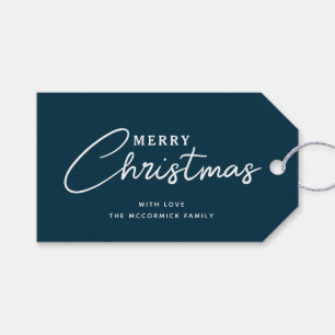 Merry Christmas Navy Blue Script Name Gift Tags