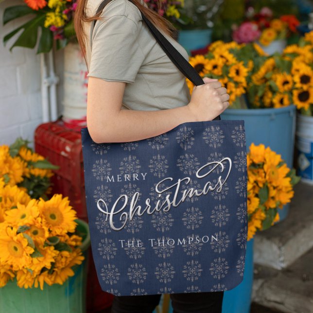 Merry Christmas Navy Blue Silver Snowflakes Tote Bag (Merry Christmas navy blue and silver pattern tote bag)
