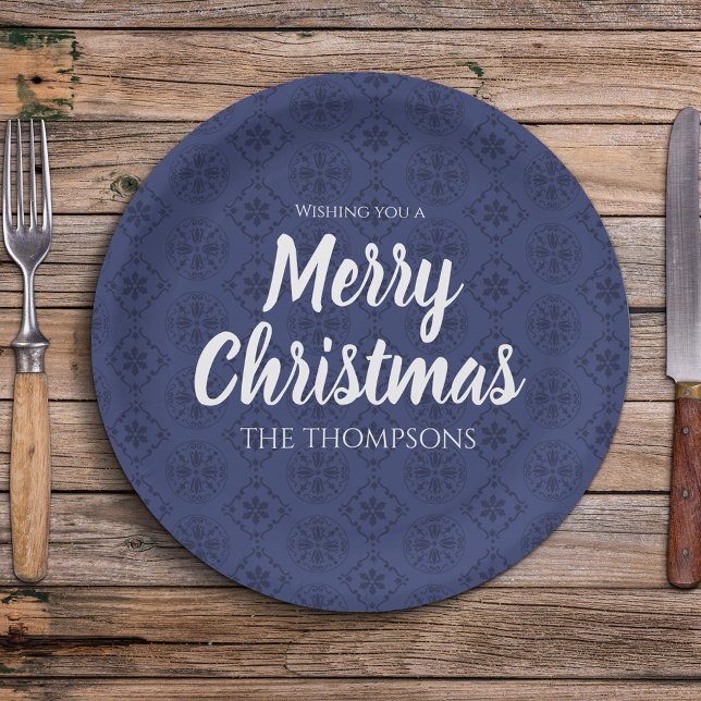 Merry Christmas Navy Blue Simple Snowflake Pattern Paper Plate (Merry Christmas whimsical calligraphy script Navy Blue paper plate. )